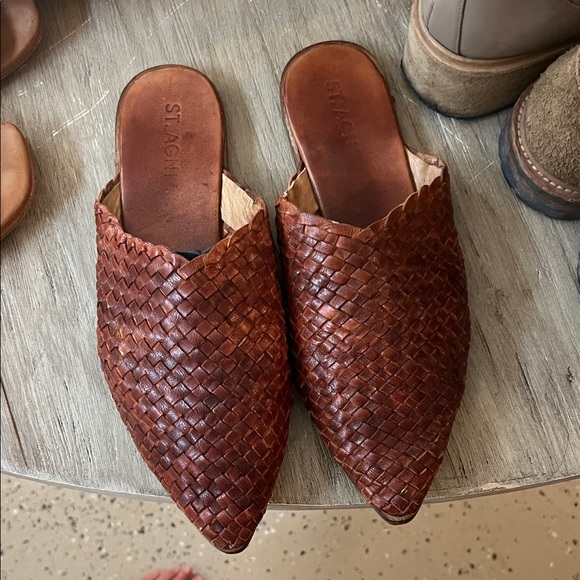 St. Agni Shoes - St. Agni Chestnut Woven Leather Slides
